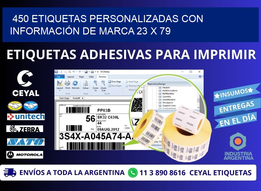450 ETIQUETAS PERSONALIZADAS CON INFORMACIÓN DE MARCA 23 x 79