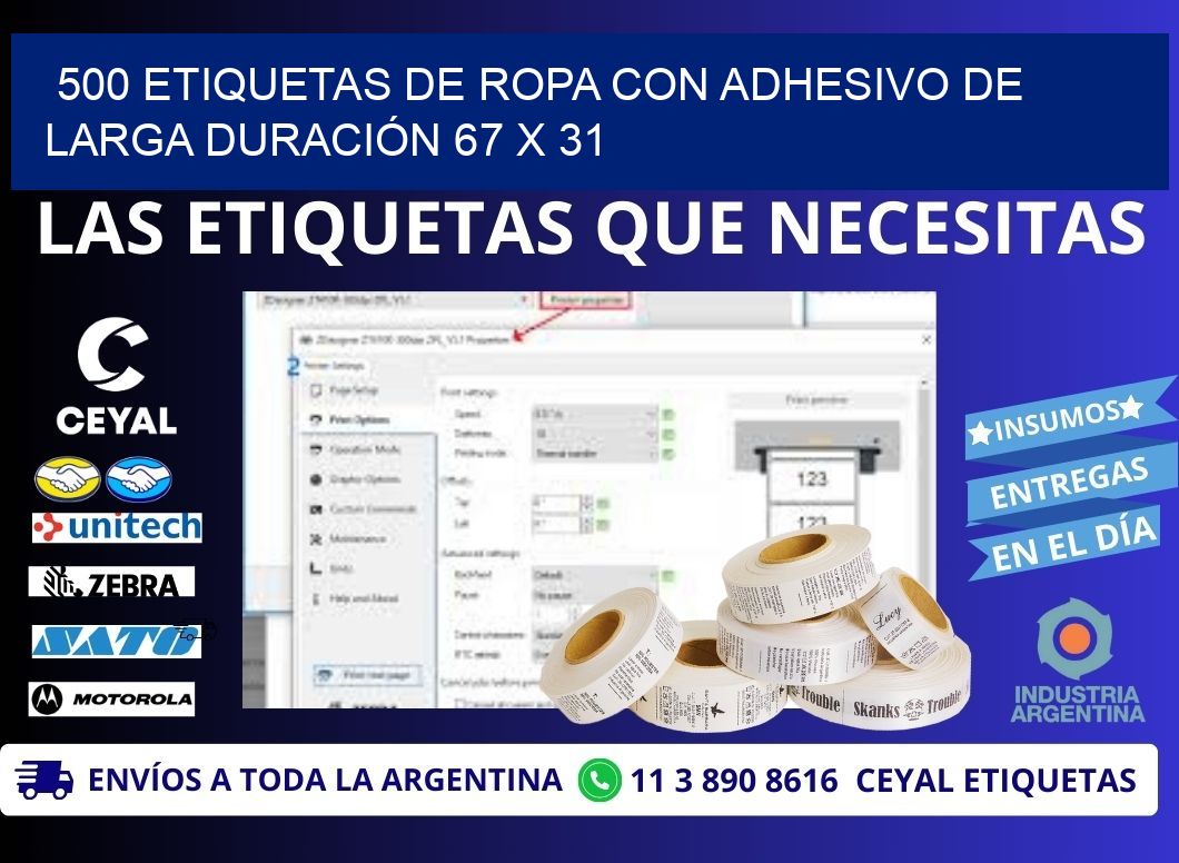 500 ETIQUETAS DE ROPA CON ADHESIVO DE LARGA DURACIÓN 67 x 31