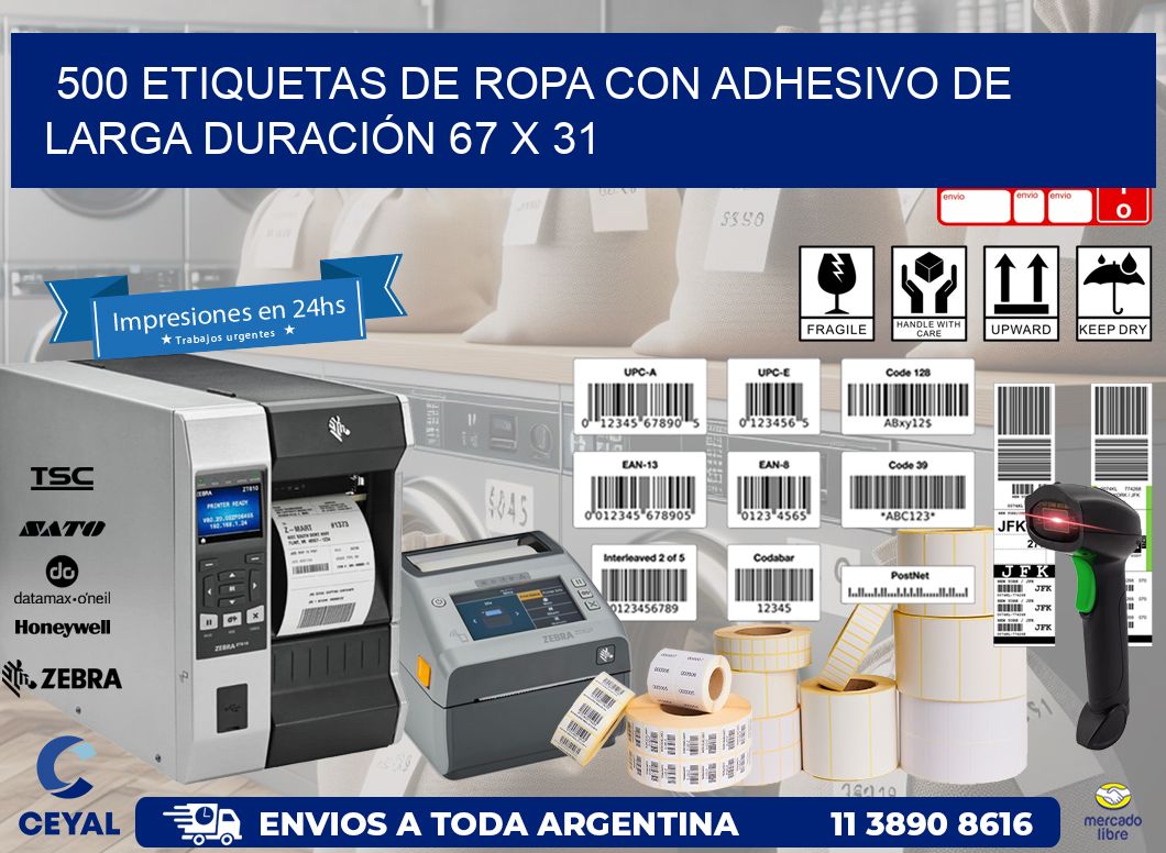 500 ETIQUETAS DE ROPA CON ADHESIVO DE LARGA DURACIÓN 67 x 31