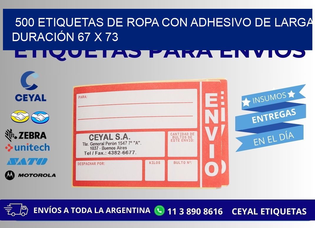 500 ETIQUETAS DE ROPA CON ADHESIVO DE LARGA DURACIÓN 67 x 73