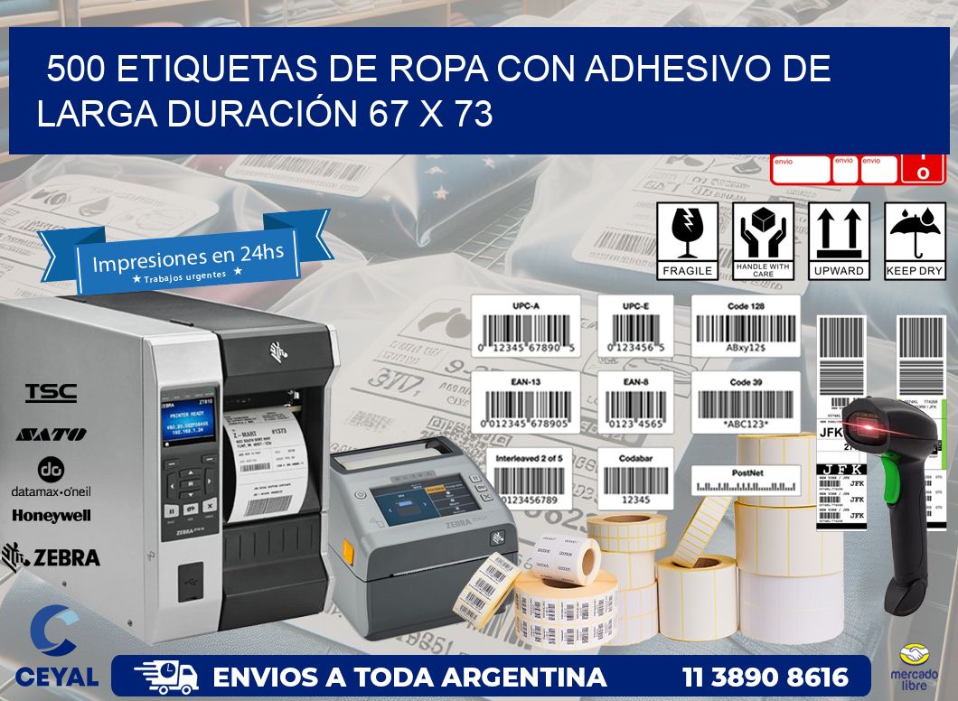 500 ETIQUETAS DE ROPA CON ADHESIVO DE LARGA DURACIÓN 67 x 73