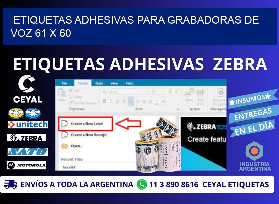 ETIQUETAS ADHESIVAS PARA GRABADORAS DE VOZ 61 x 60