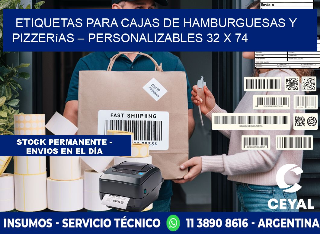 Etiquetas para cajas de hamburguesas y pizzerías – Personalizables 32 x 74