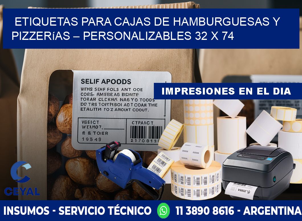 Etiquetas para cajas de hamburguesas y pizzerías – Personalizables 32 x 74