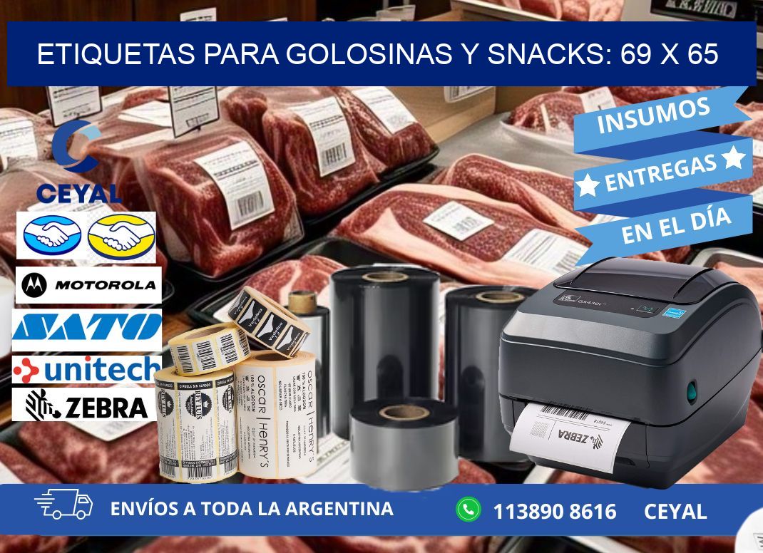 ETIQUETAS PARA GOLOSINAS Y SNACKS: 69 x 65