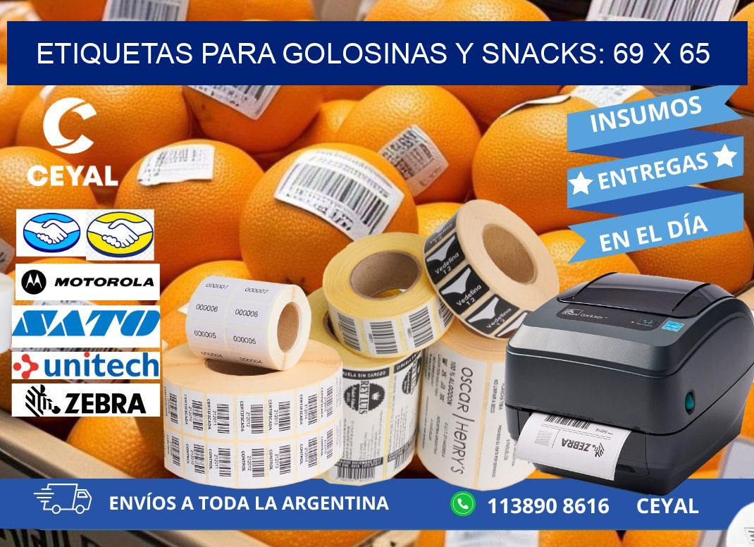 ETIQUETAS PARA GOLOSINAS Y SNACKS: 69 x 65