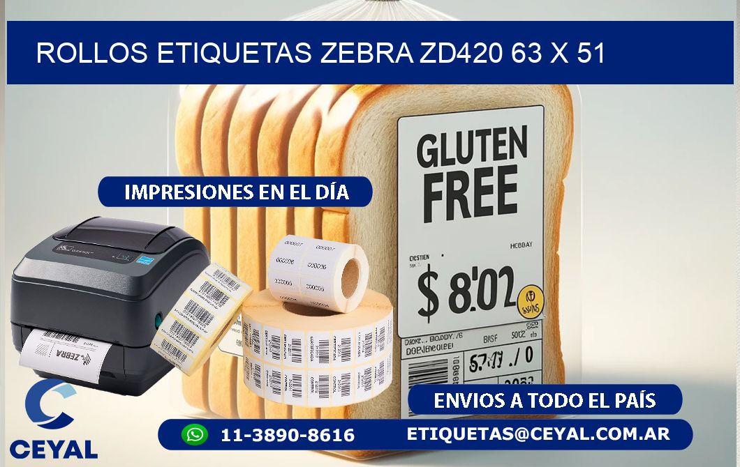 ROLLOS ETIQUETAS Zebra ZD420 63 x 51