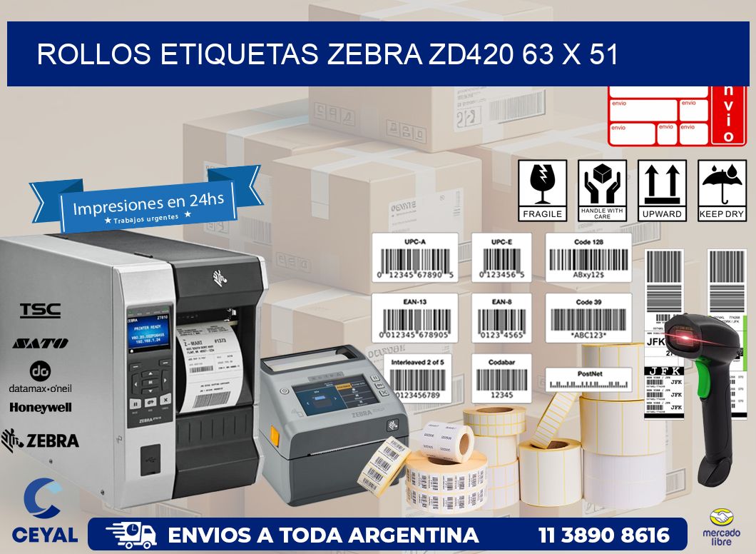ROLLOS ETIQUETAS Zebra ZD420 63 x 51