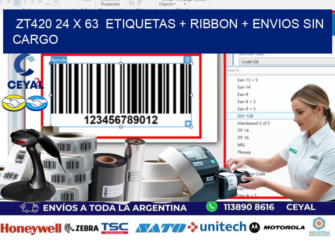 ZT420 24 x 63  etiquetas + ribbon + envios sin cargo
