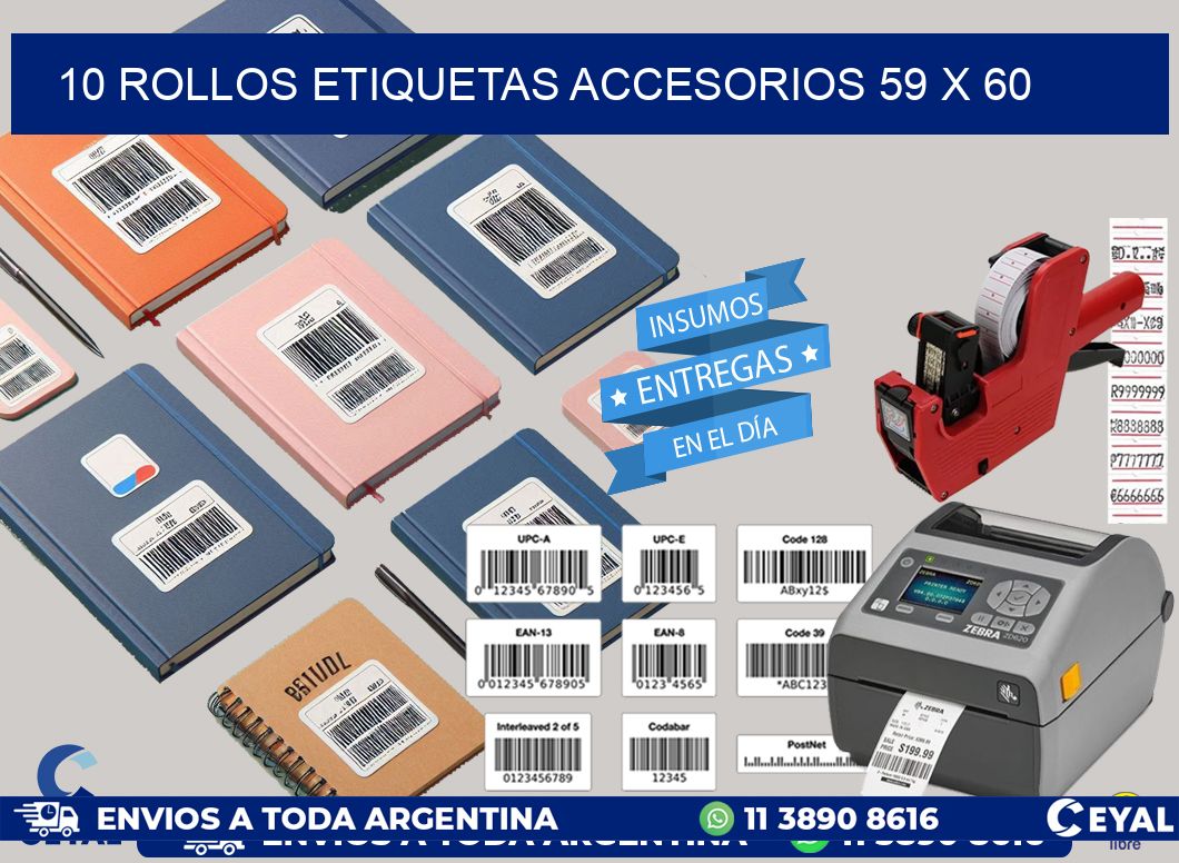 10 ROLLOS ETIQUETAS ACCESORIOS 59 x 60