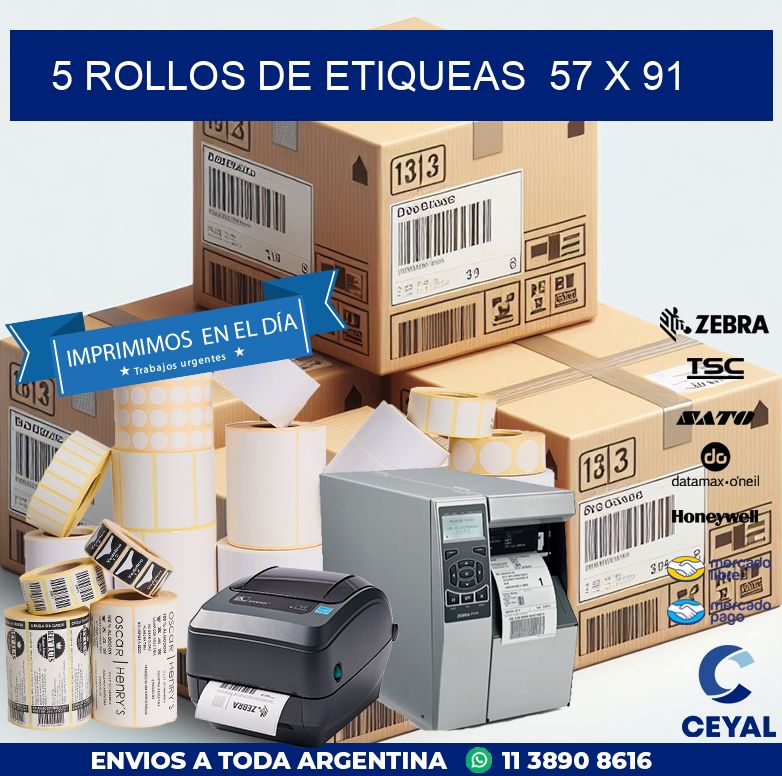 5 ROLLOS DE ETIQUEAS  57 x 91