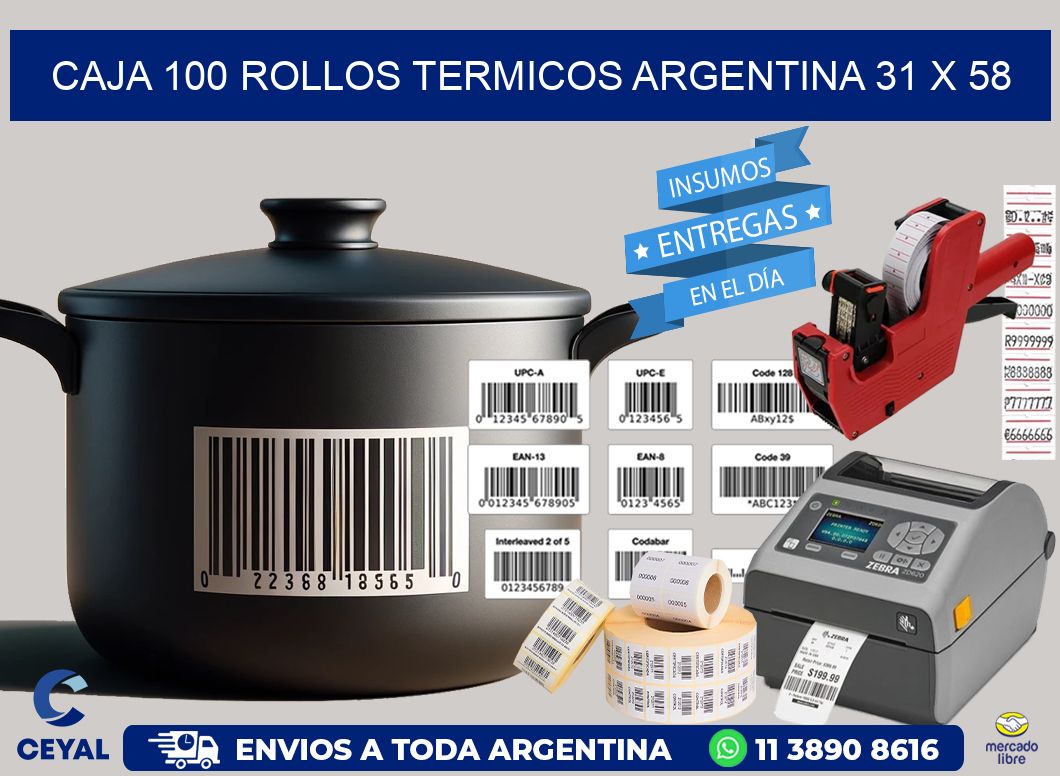 CAJA 100 ROLLOS TERMICOS ARGENTINA 31 x 58