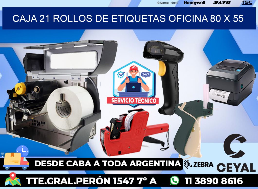 CAJA 21 ROLLOS DE ETIQUETAS OFICINA 80 x 55
