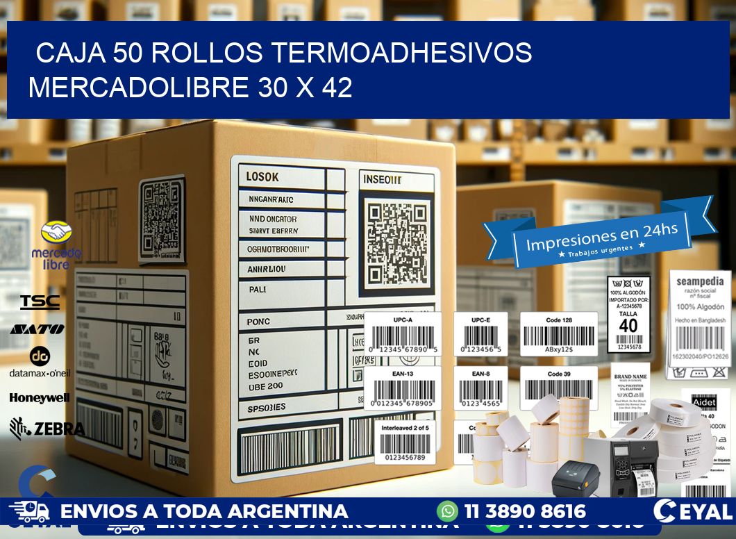 CAJA 50 ROLLOS TERMOADHESIVOS MERCADOLIBRE 30 x 42