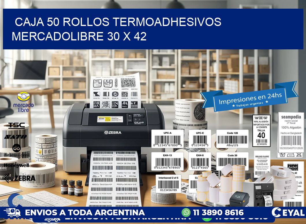 CAJA 50 ROLLOS TERMOADHESIVOS MERCADOLIBRE 30 x 42