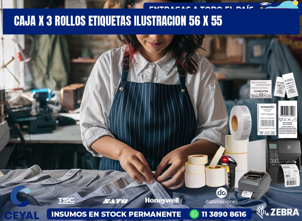 Caja X 3 Rollos Etiquetas Ilustracion 56 x 55