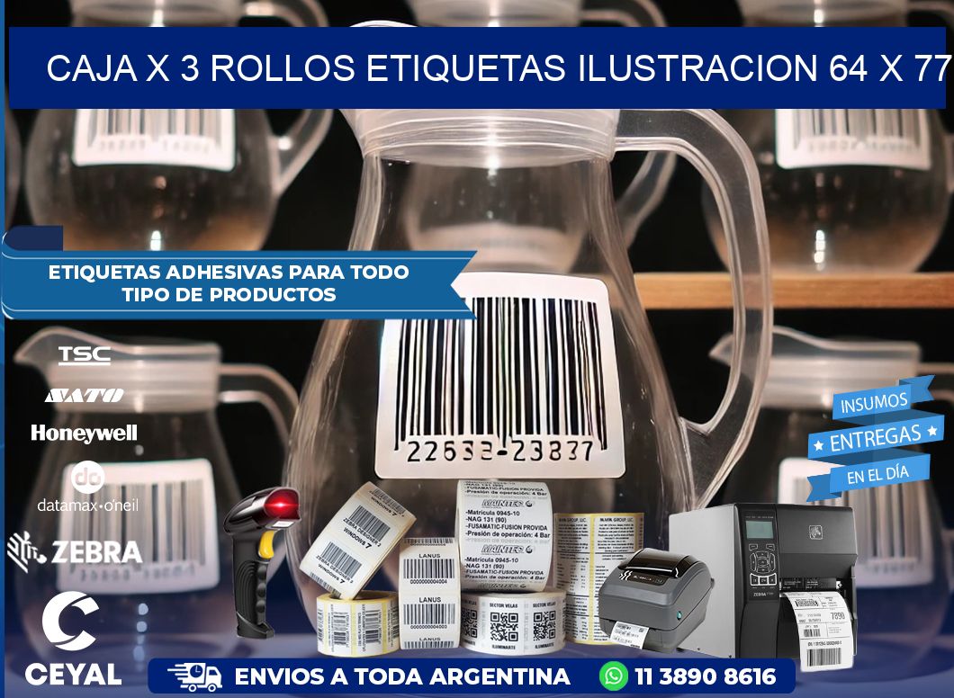 Caja X 3 Rollos Etiquetas Ilustracion 64 x 77
