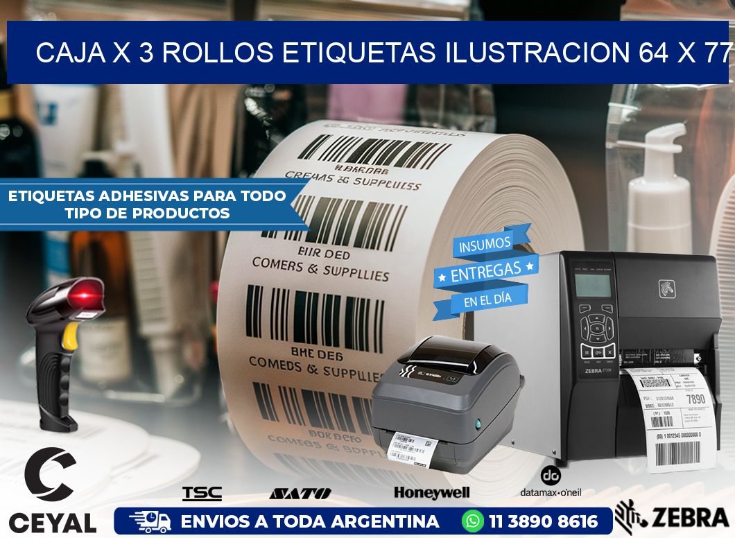 Caja X 3 Rollos Etiquetas Ilustracion 64 x 77