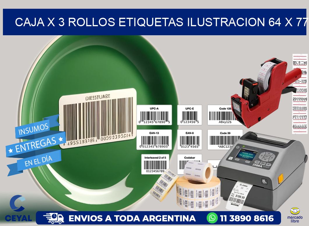 Caja X 3 Rollos Etiquetas Ilustracion 64 x 77