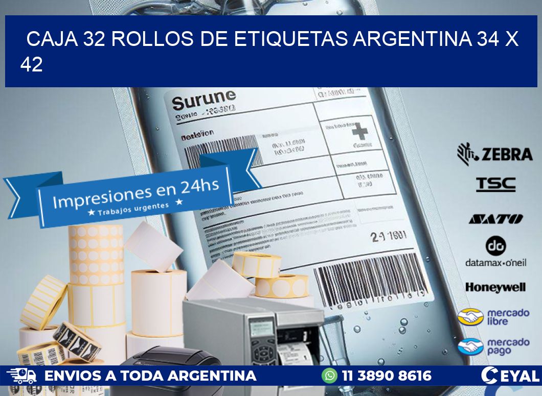 CAJA 32 ROLLOS DE ETIQUETAS ARGENTINA 34 x 42