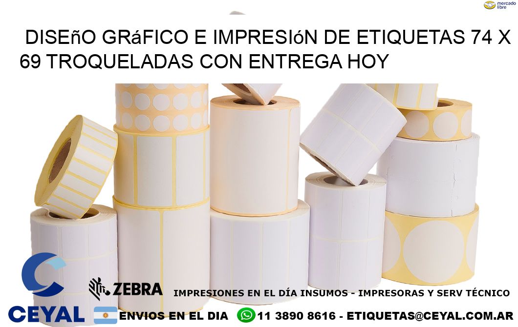 Diseño gráfico e impresión de etiquetas 74 x 69 troqueladas con entrega hoy