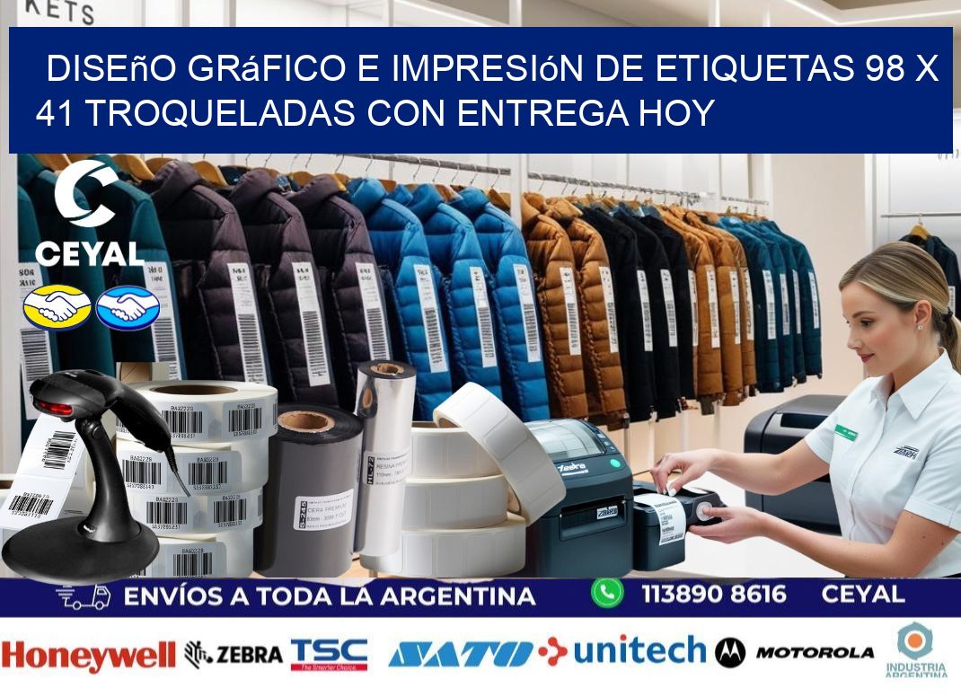 Diseño gráfico e impresión de etiquetas 98 x 41 troqueladas con entrega hoy