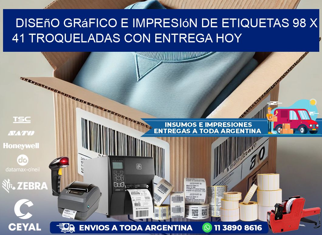 Diseño gráfico e impresión de etiquetas 98 x 41 troqueladas con entrega hoy