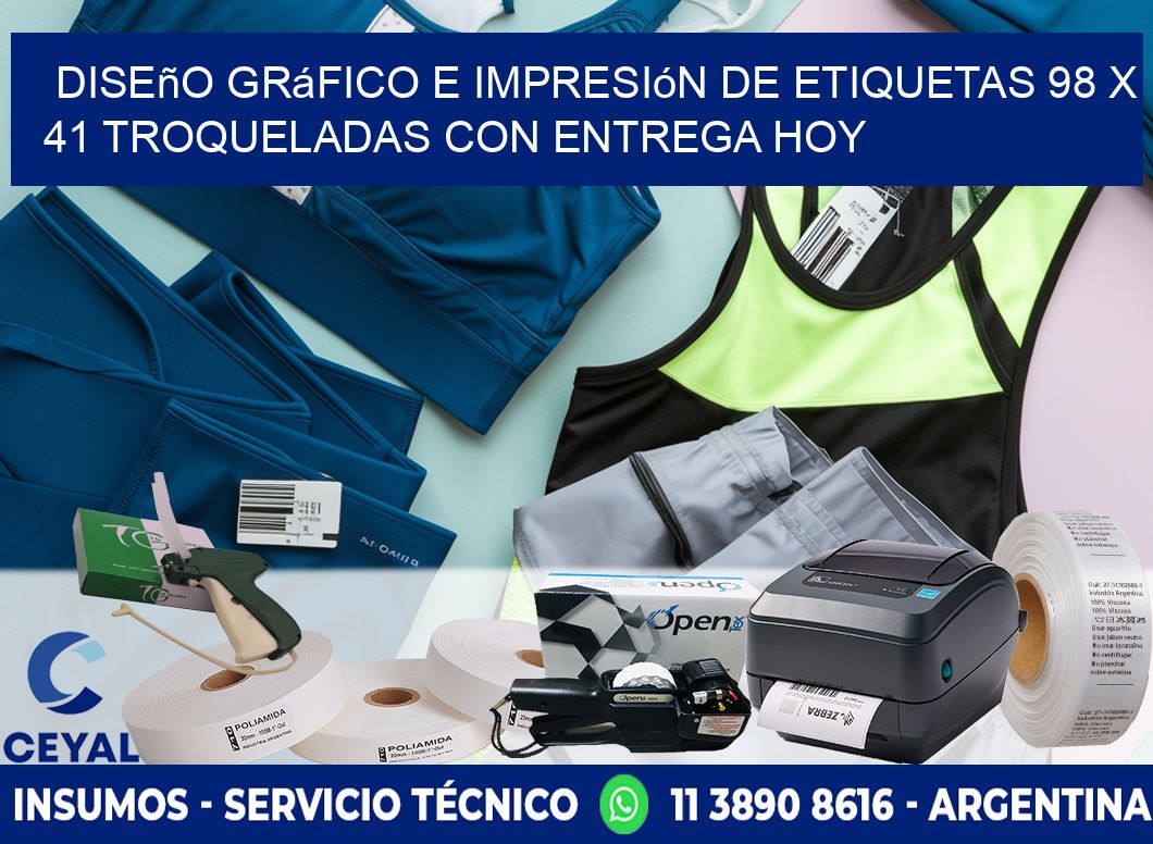 Diseño gráfico e impresión de etiquetas 98 x 41 troqueladas con entrega hoy