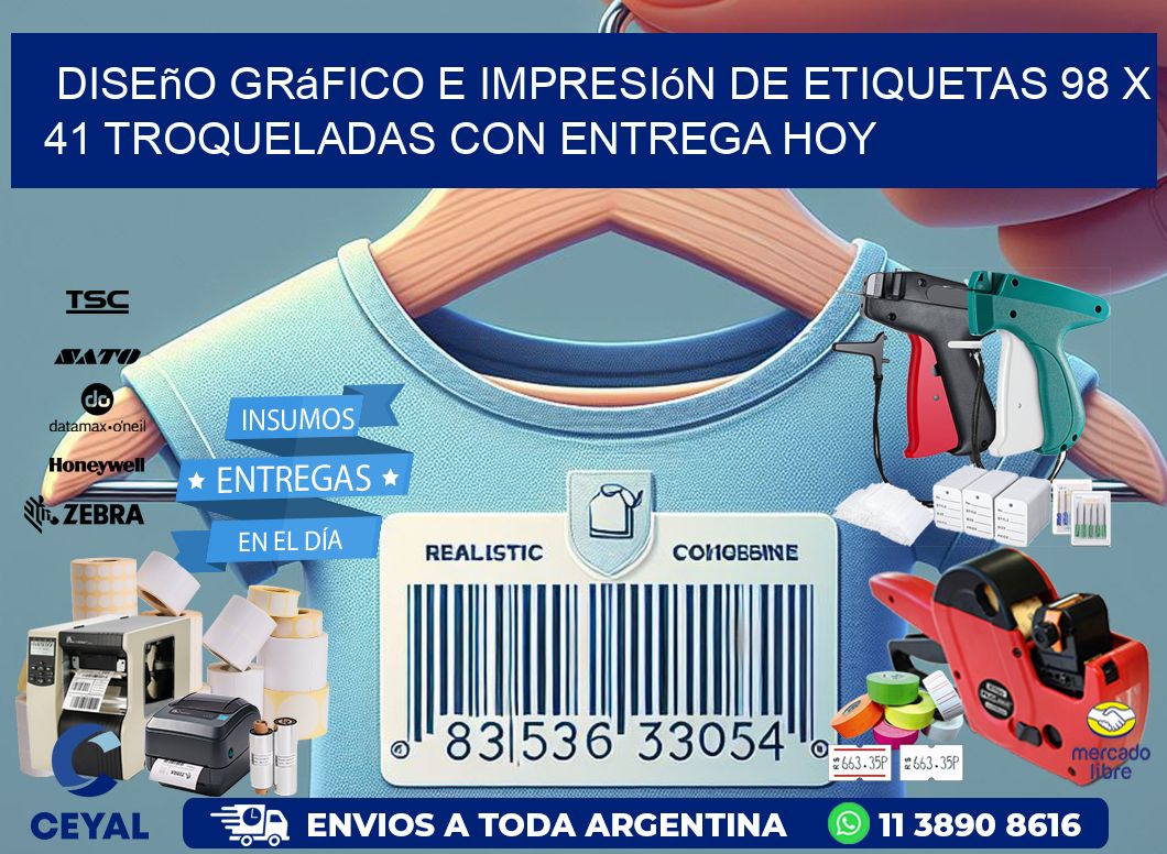 Diseño gráfico e impresión de etiquetas 98 x 41 troqueladas con entrega hoy
