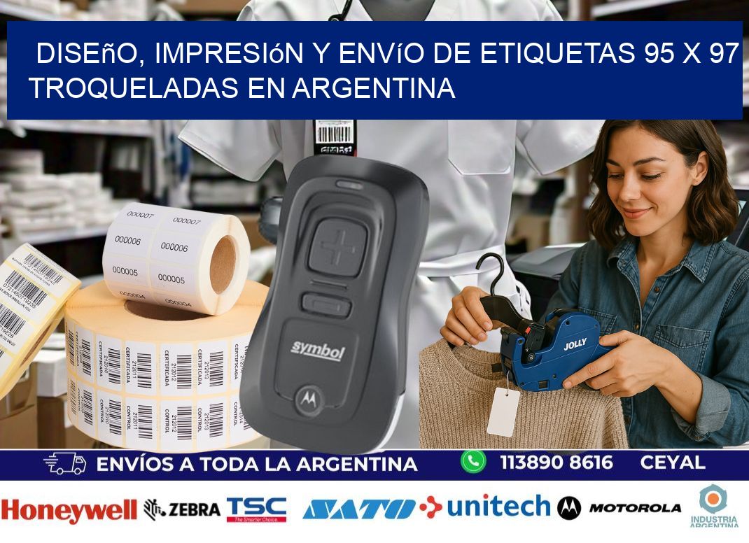 Diseño, impresión y envío de etiquetas 95 x 97 troqueladas en Argentina
