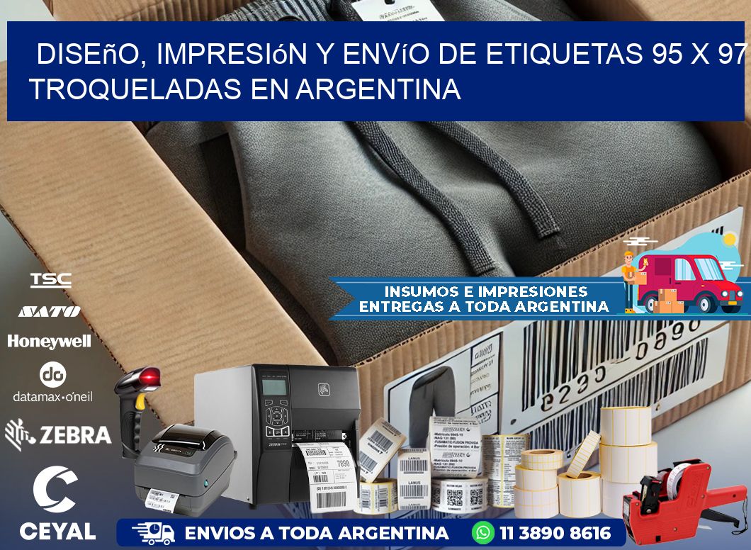 Diseño, impresión y envío de etiquetas 95 x 97 troqueladas en Argentina