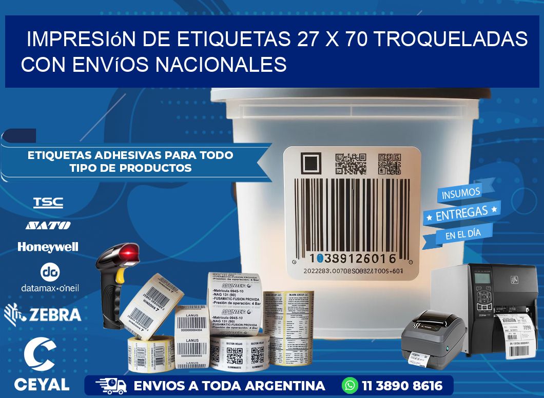 Impresión de etiquetas 27 x 70 troqueladas con envíos nacionales