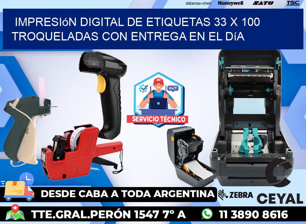 Impresión digital de etiquetas 33 x 100 troqueladas con entrega en el día
