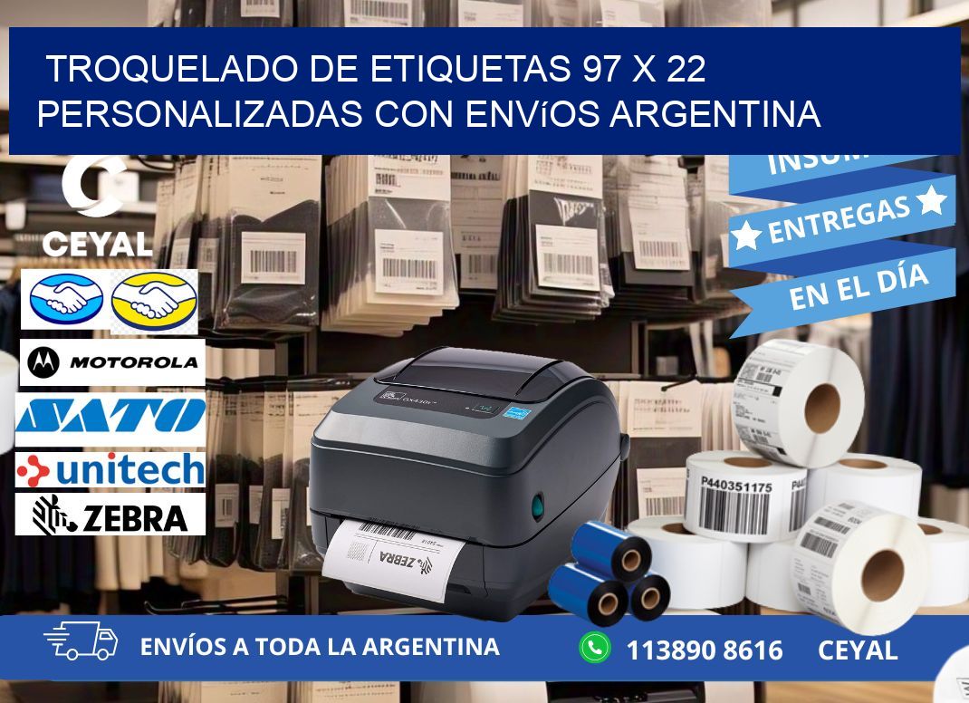 Troquelado de etiquetas 97 x 22 personalizadas con envíos Argentina