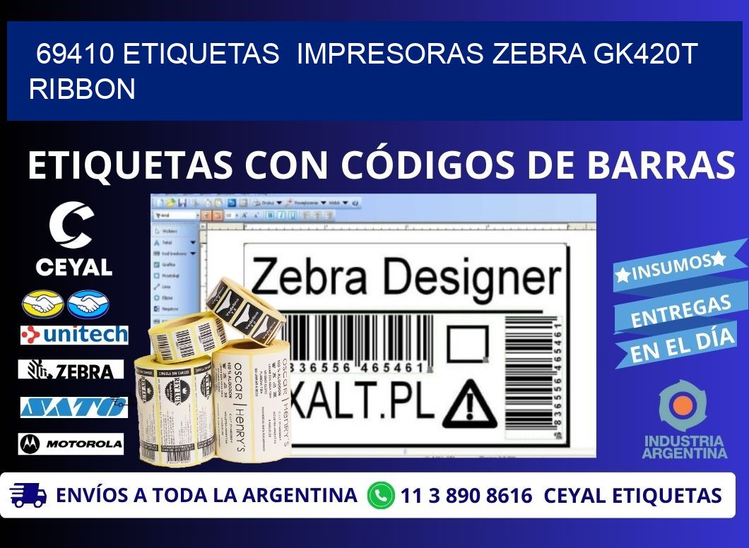 69410 Etiquetas  impresoras zebra gk420t ribbon