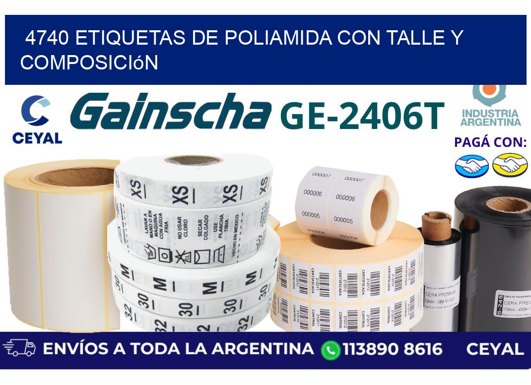 4740 Etiquetas de poliamida con talle y composición