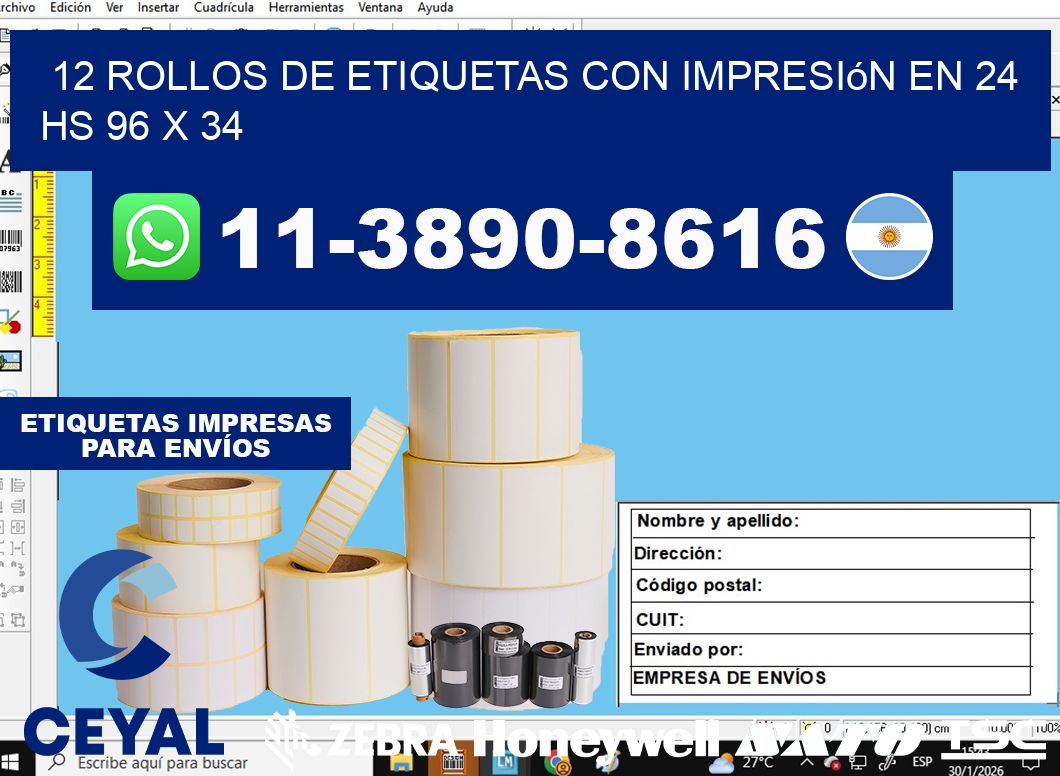 12 rollos de etiquetas con impresión en 24 hs 96 x 34