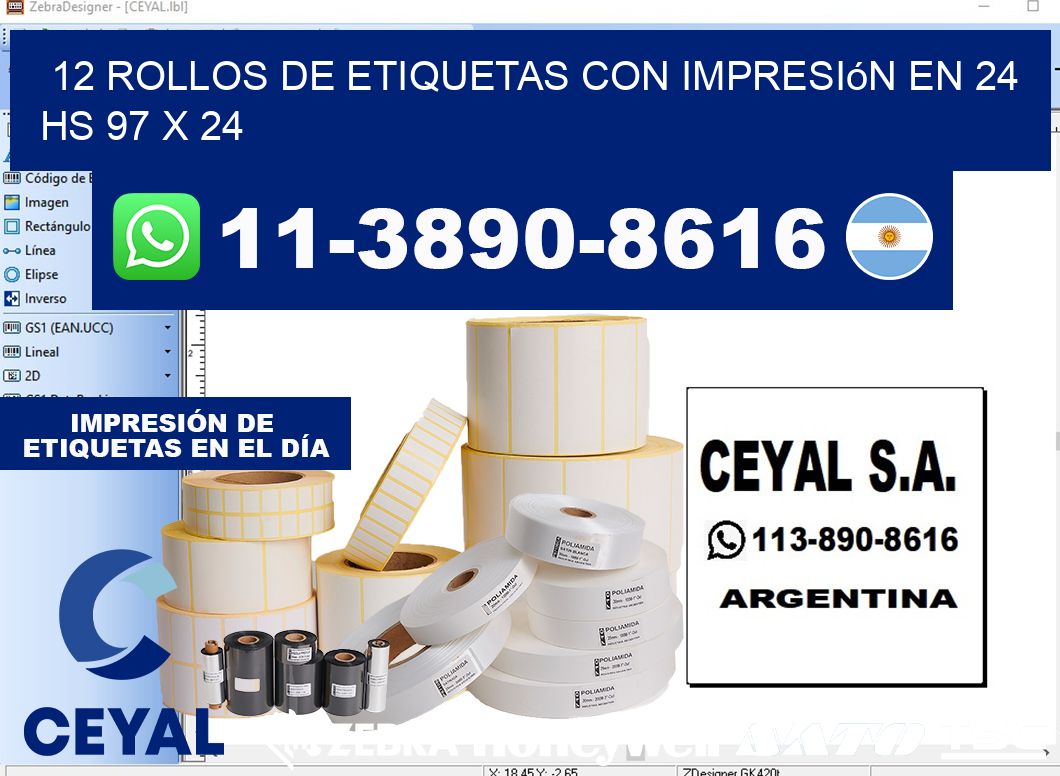 12 rollos de etiquetas con impresión en 24 hs 97 x 24