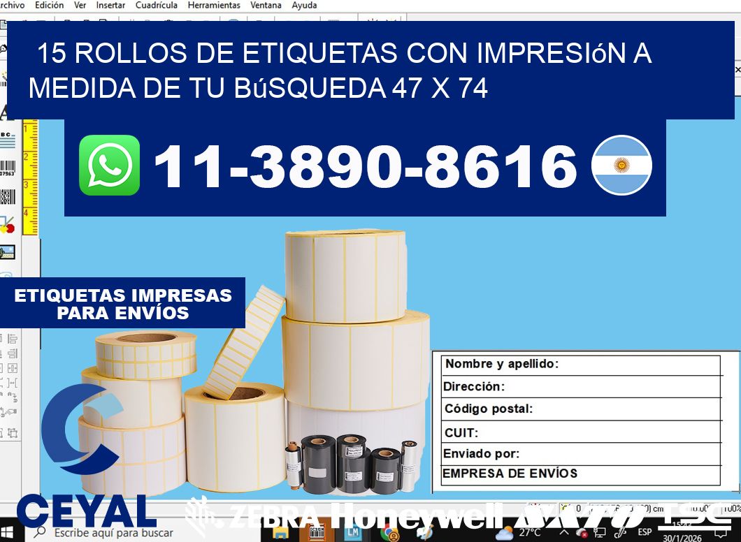 15 rollos de etiquetas con impresión a medida de tu búsqueda 47 x 74