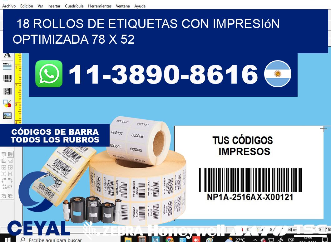 18 rollos de etiquetas con impresión optimizada 78 x 52