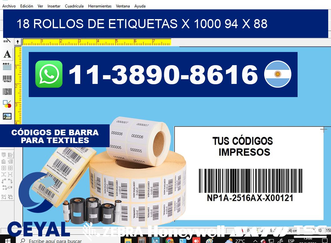 18 rollos de etiquetas x 1000 94 x 88