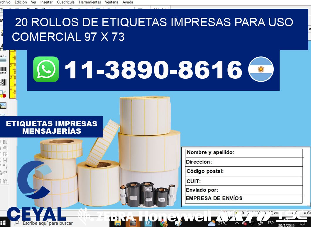 20 rollos de etiquetas impresas para uso comercial 97 x 73
