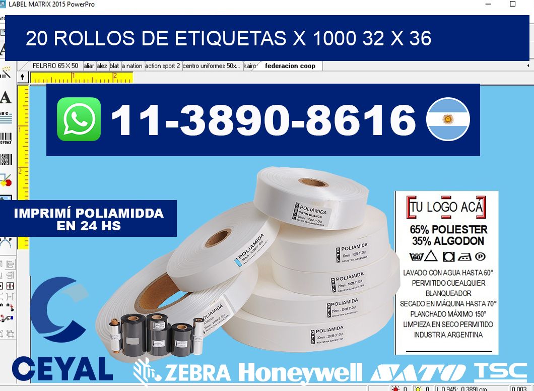 20 rollos de etiquetas x 1000 32 x 36