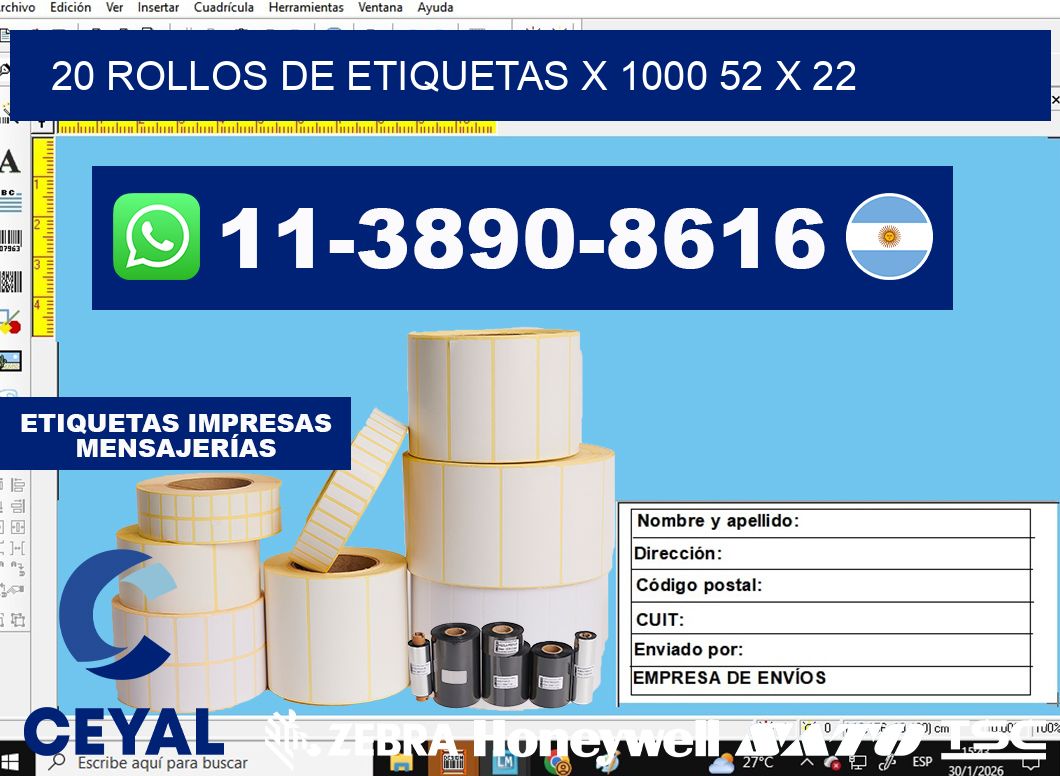20 rollos de etiquetas x 1000 52 x 22