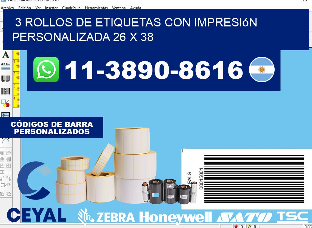 3 rollos de etiquetas con impresión personalizada 26 x 38
