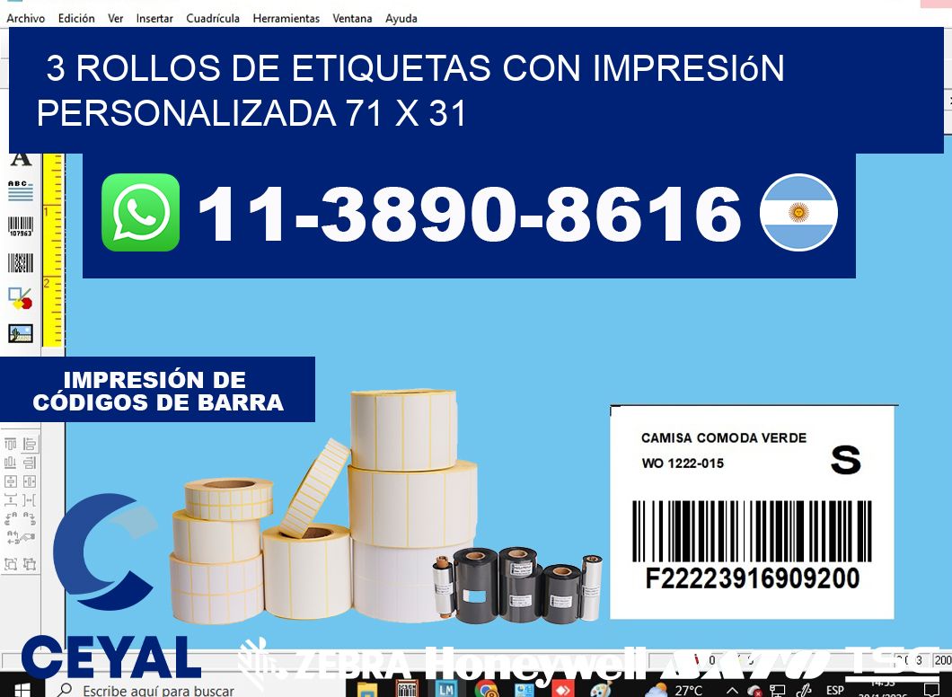 3 rollos de etiquetas con impresión personalizada 71 x 31
