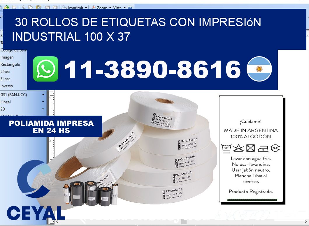 30 rollos de etiquetas con impresión industrial 100 x 37