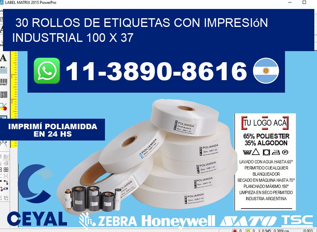 30 rollos de etiquetas con impresión industrial 100 x 37