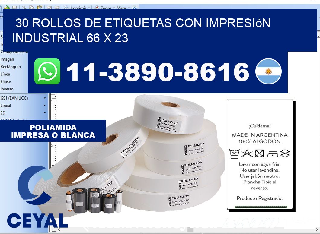 30 rollos de etiquetas con impresión industrial 66 x 23