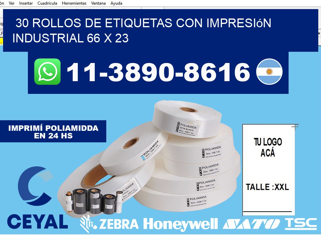 30 rollos de etiquetas con impresión industrial 66 x 23